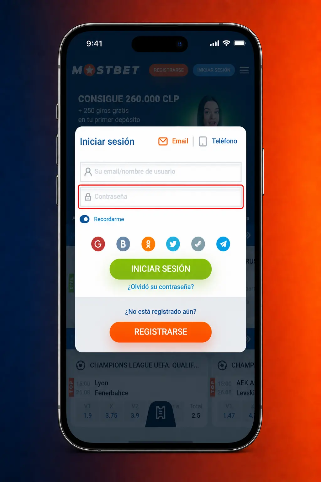 Pantalla de inicio de sesión de Mostbet en app móvil para Android y iOS con acceso al perfil guardado