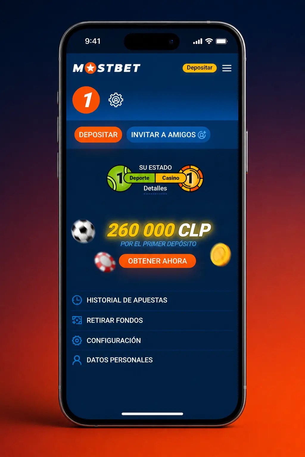 Pantalla de depósito en la app de Mostbet Chile con métodos de pago y monto mínimo de 1.000 CLP