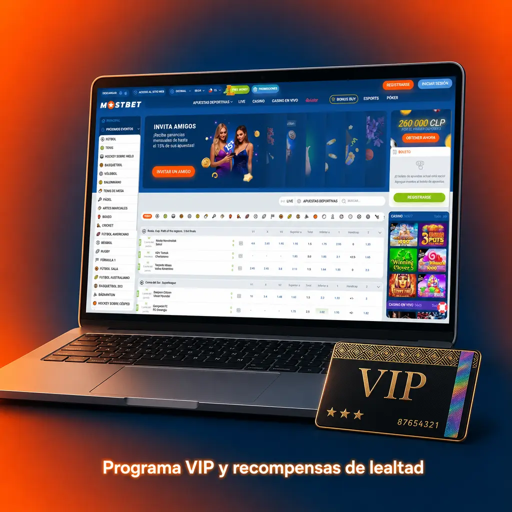 Panel del VIP Club de Mostbet con niveles, puntos y recompensas de lealtad para jugadores activos