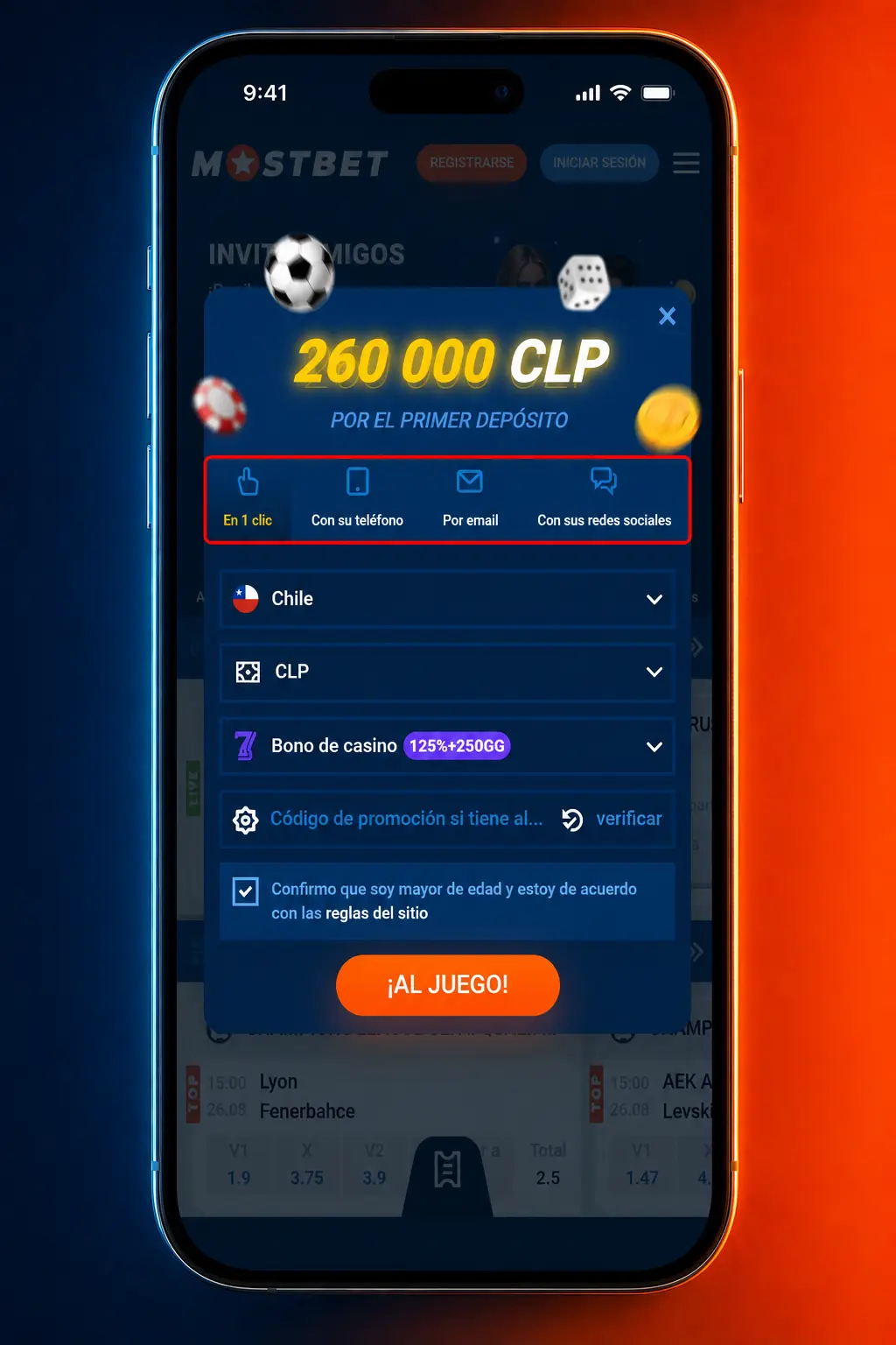 Formulario de registro online en Mostbet Chile para crear cuenta de apuestas en 5 pasos