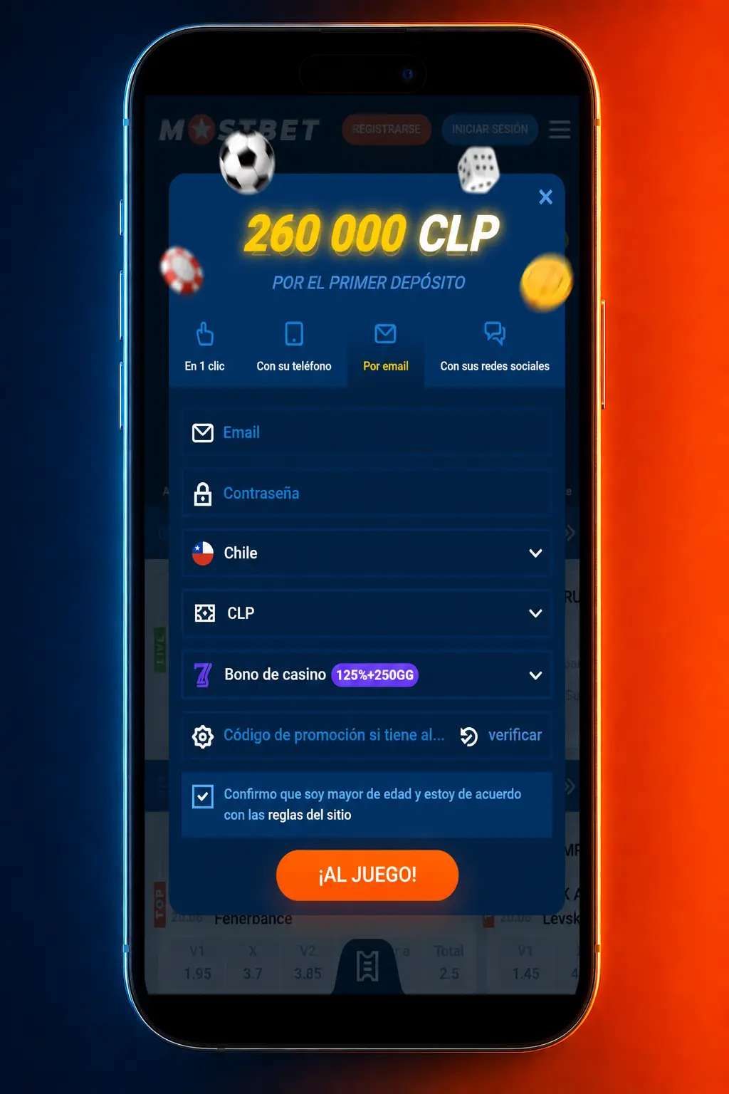 Formulario de registro online en Mostbet Chile con pasos para crear cuenta y verificar por SMS o correo