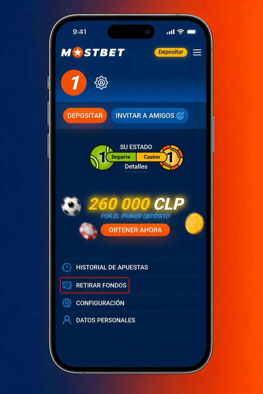 Pantalla de retiro en la app de Mostbet con opciones de pago, monto en CLP y estado de transacción