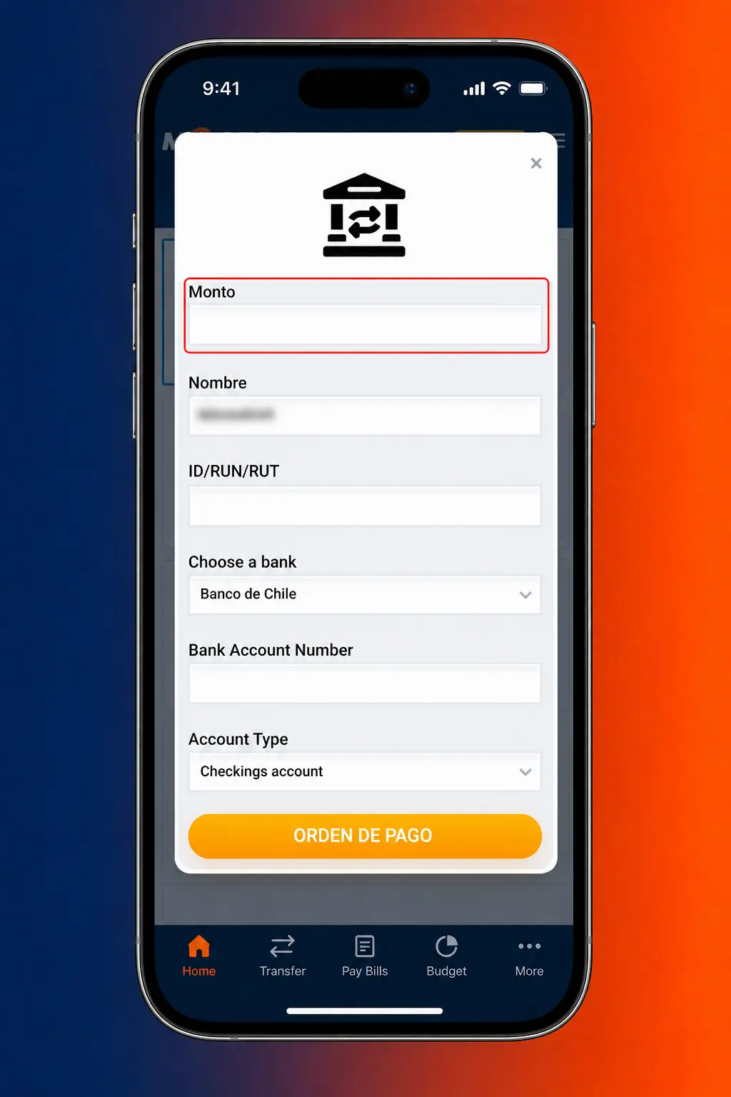 Pantalla de la app Mostbet para solicitar retiro de dinero con saldo disponible, banco chileno, Mach o cripto